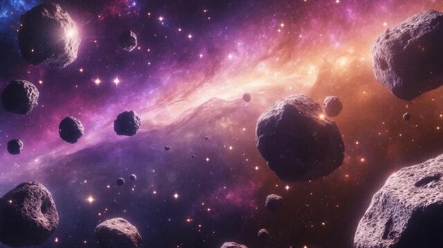Vibrant cosmic landscape featuring numerous asteroids drifting through a colorful galaxy backdrop illuminated by bright stars and swirling nebula textures in rich purples pinks and deep blues