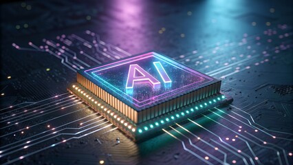 Futuristic AI chip with glowing neon lights and complex circuit board for next-generation technology breakthroughs and innovative solutions