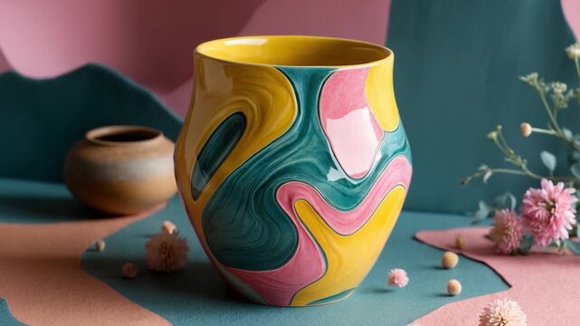 Colorful glossy ceramic vase with abstract swirling patterns in vibrant yellow pink and teal on a textured background of soft pastel shapes and natural floral elements arranged artfully in a modern