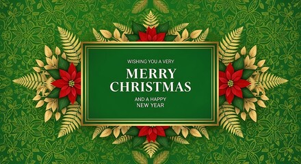 Festive christmas greeting card with poinsettias and golden foliage on a floral green background