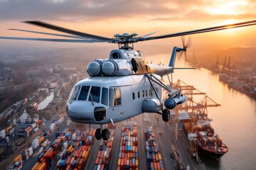 Heavy cargo helicopter flying over port at sunset