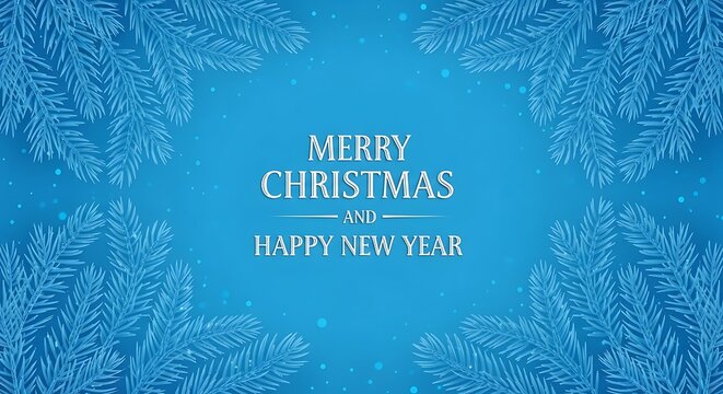 Merry christmas and happy new year greeting card with fir branches on a light blue background design