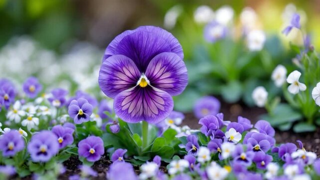 Close-up of vibrant purple pansy flowers blooming amidst delicate white blossoms captured in soft natural light with rich textures in a lush garden setting showcasing varying angles from the