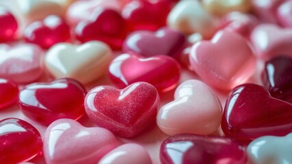 Close-up of colorful glass heart-shaped candies in various shades of pink and red displayed in a soft-focus arrangement with smooth textures and bright lighting ideal for Valentine's Day or festive