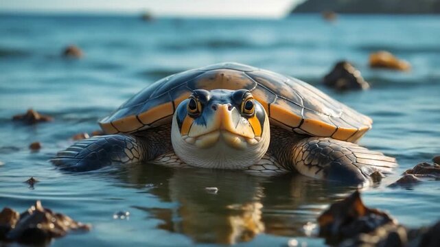 Close-up of a vibrant turtle swimming gracefully in clear water showcasing its detailed shell patterns and colors against a serene coastal environment with soft natural light and a blurred aquatic