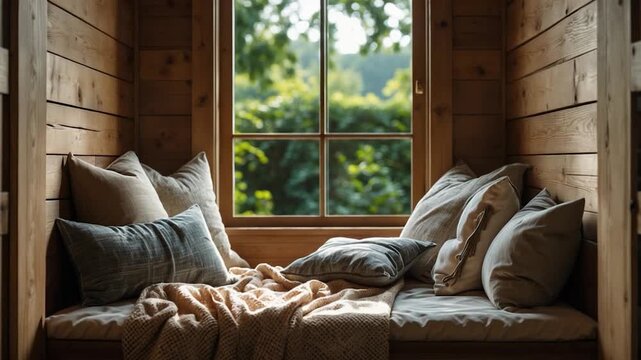 Cozy nook with plush pillows and soft blanket in a wooden interior sunlight spilling through the window onto a tranquil outdoor scene with greenery inviting space for relaxation or reading