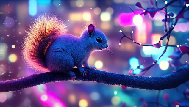 A digital illustration of a cute, fluffy squirrel with a bushy tail, sitting on a tree branch