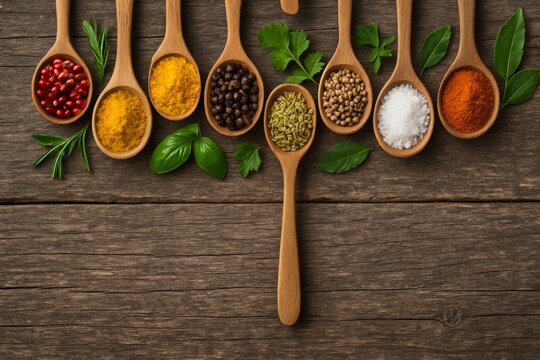 Wooden spoons filled with colorful spices and herbs arranged neatly on rustic wooden table for culinary food concept and natural cooking inspiration. Ai generative
