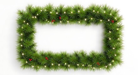 Rectangular christmas frame made of pine branches with lights and red berries on a white background