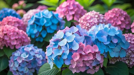 Close-up views of colorful hydrangea flowers in pink blue and purple shades showcasing blooming petals arranged in lush green foliage under soft natural light with a blurred background providing
