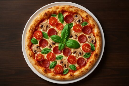 Delicious pepperoni pizza topped with mushrooms, cherry tomatoes and fresh basil leaves, arranged in a creative concept on wooden background.. Ai generative - Powered by Adobe