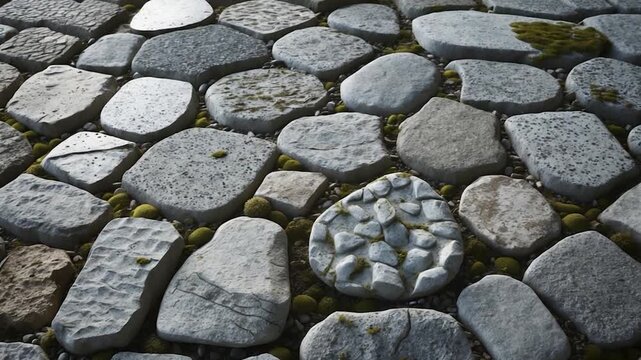 Close-up of textured stone cobblestone pathway featuring smooth flat stones and round pebbles framed under soft natural light highlighting intricate details and colors throughout the surface from