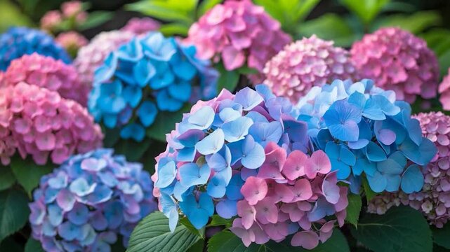 Close-up views of colorful hydrangea flowers in pink blue and purple shades showcasing blooming petals arranged in lush green foliage under soft natural light with a blurred background providing