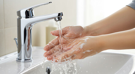 Woman Washing Hands with Soap Under Water Tap – Hygiene and Cleanliness Concept Closeup