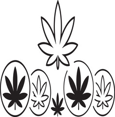 Cannabis leaves vector illustration featuring outline and solid shapes arranged on a dark background for natural concepts.