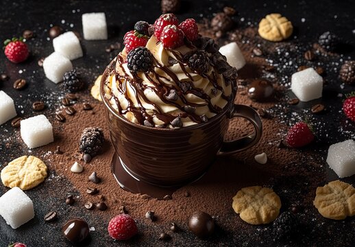 Cozy hot chocolate in a dark cup overflowing with whipped cream, chocolate drizzle, fresh berries, cookies and marshmallows - Powered by Adobe
