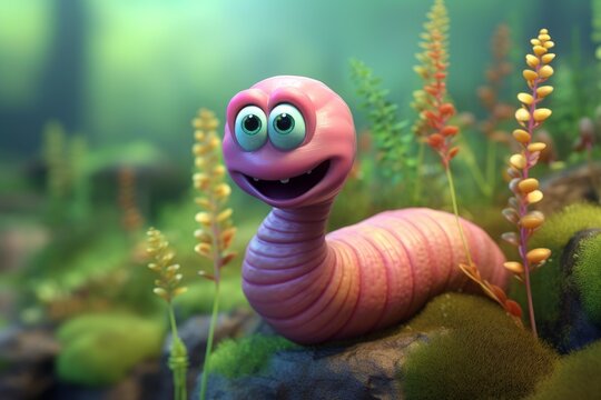 Happy cartoon worm crawling in a beautiful forest environment
