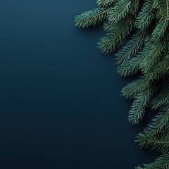 Obraz premium Minimal winter composition with fresh green pine branches on a textured deep teal background with empty space