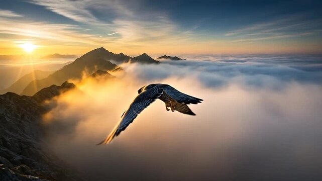Majestic peregrine falcon gracefully soaring high above the dreamy cloudscape mountain range
