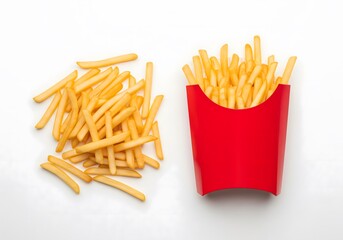 French fries in red paper box and scattered on white background, top view, fast food concept