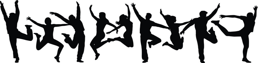 Energetic group silhouettes jumping and dancing in celebration, joyful people expressing freedom, unity, fun movement, dynamic poses perfect for creative design and advertising projects