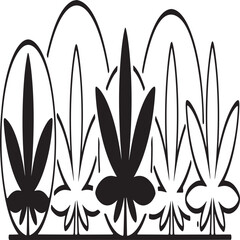 Ornamental plant leaf arrangement featuring five distinct botanical shapes forming a decorative arc pattern