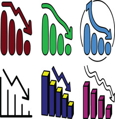 Six bar chart icons illustrating financial decline and market recession with various styles and colors
