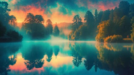 Wide view of a tranquil lake at sunrise featuring lush green trees with reflections in the calm water vibrant colors including orange pink and blue hues surrounded by soft mist and trees in varying - Powered by Adobe
