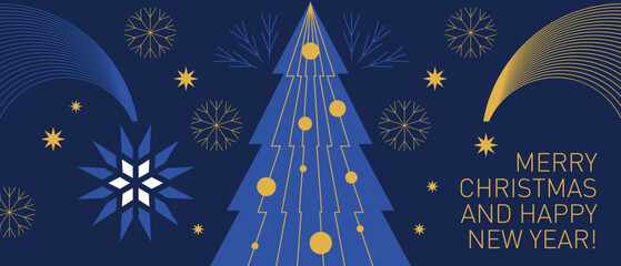 Christmas elegance modern geometric design, horizontal christmas ornament with snowflakes, christmas tree, star and decorative geometric elements