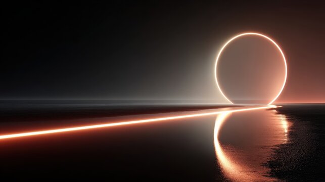 Horizontal neon light line and circular neon ring on a dark reflective surface with orange glow - Powered by Adobe