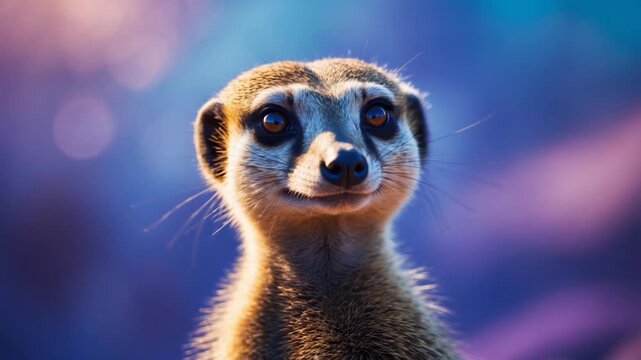 Close-up of a curious meerkat gazing directly at the camera against a colorful blurred background showcasing its features such as large eyes and soft fur with vibrant lighting creating a dreamy