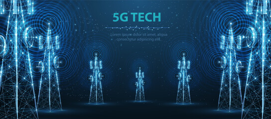 Abstract antenna mast on blue. 5G technology, telecommunication industry, telecom network, broadcast television, cell phone, 5G telecommunication, city communication, LTE transmitter concept.


