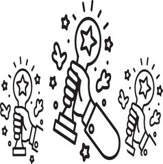Three outline icons showing hands holding star trophies with radiating light and flying confetti for achievement