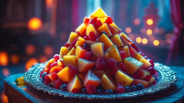 Vibrant display of various tropical fruits arranged artfully in a pyramid shape on a silver platter featuring bright yellow mangoes juicy red raspberries and blueberries with soft warm lighting and