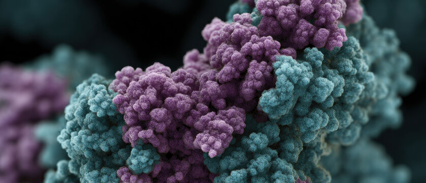 Microscopic protein cluster, molecular surface, purple, teal, textured, abstract, science