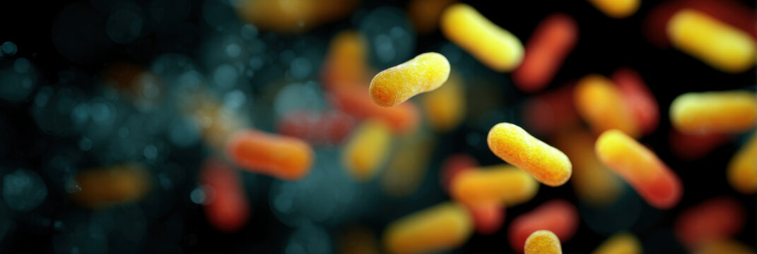 Bacteria microbe pathogen orange yellow stir in dark mood with floating motion