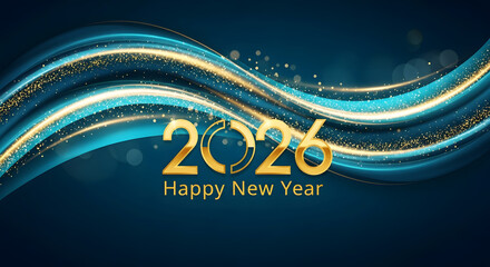 Golden 2026 Happy New Year text with flowing abstract blue and gold light streaks and bokeh lettering