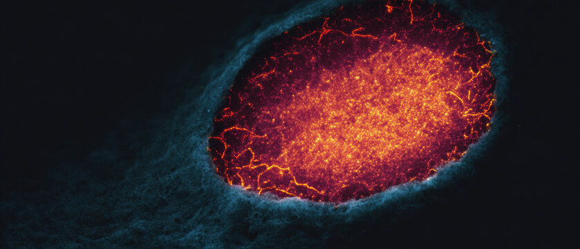 Microscopy cell fluorescence glowing orange nucleus biology imagery sparks curiosity and wonder