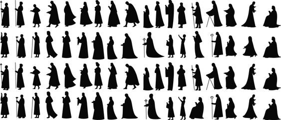 Silhouette, wizard, mage, robe, staff, gesture, pose, character, fantasy, magic, spell, action, motion, figure, black, grid, concept, design, animation, game, mystic, sorcerer, dramatic, stance