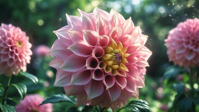 Close-up view of blooming pink dahlia flowers with intricate petal shapes and yellow centers surrounded by lush green foliage in soft natural light showcasing vibrant colors and refreshing garden