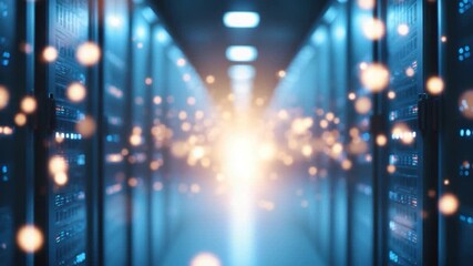 Dynamic view of a futuristic data center corridor with illuminated server racks glowing particles floating in the striking blue light showcasing advanced technology and a cutting-edge environment - Powered by Adobe