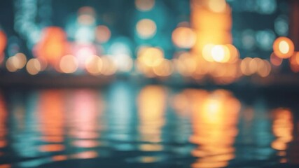 Rippling water surface under shimmering reflections from colorful city lights at night creating a mesmerizing bokeh effect showcasing dynamic hues of orange blue and gold throughout the footage - Powered by Adobe