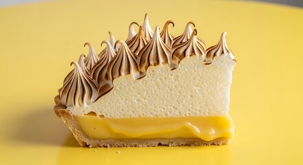 A close-up shot of a delicious slice of lemon meringue pie with a golden toasted meringue topping and a vibrant yellow lemon curd filling, set against a matching yellow background.