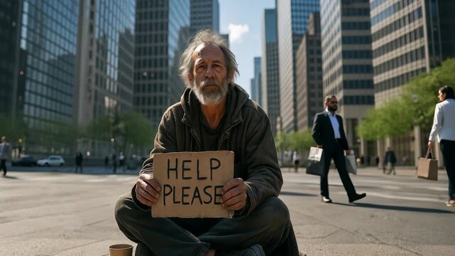 Homeless man holds cardboard sign asking for help, sitting near tall buildings. Homeless with grey hair holds sign reading help please. Man sits on sidewalk, cars and people move in background.