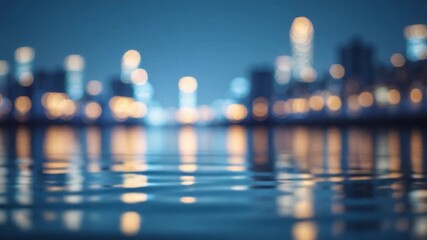 Serene view of shimmering water reflecting vibrant city skyline lights at night with gentle ripples creating a tranquil surface texture in a soft blue ambiance