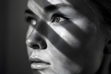 Fototapeta premium Dramatic close up of a young woman's face with dynamic shadows