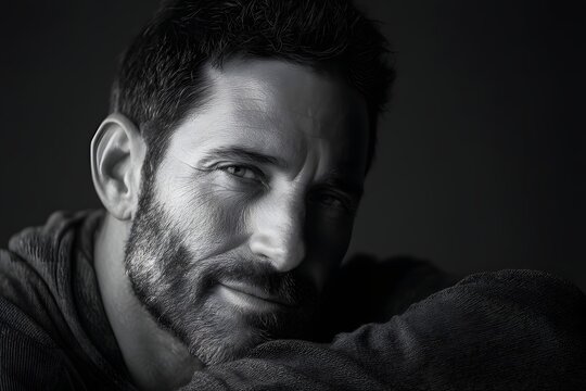 Dramatic portrait of a handsome man in black and white art style - Powered by Adobe