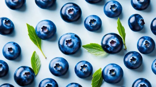 Close-up of vibrant blue blueberries scattered on a light backdrop with fresh green leaves showcasing their glossy texture and intricate details from multiple angles emphasizing color and layout