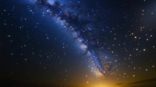 Stunning celestial view showcasing the Milky Way galaxy with vibrant blue and purple hues fading into a warm orange glow above the horizon twinkling stars scattered across the expanse in a tranquil