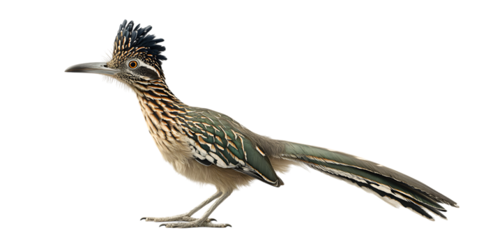 Greater roadrunner standing isolated on transparent background in detailed view